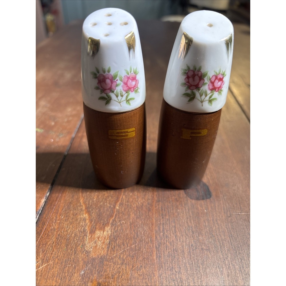 Vintage Wood & Porcelain Salt And Pepper‎ Shakers Floral Design. Nevco. Japan.